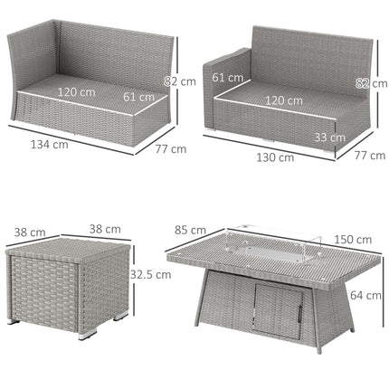 7 Piece Rattan Firepit Sofa Set with Gas Fire Pit Table - Grey