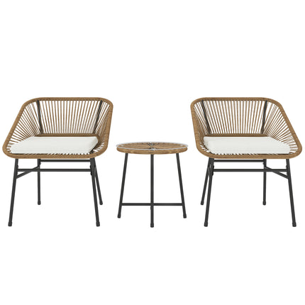 3 Pieces Rattan Bistro Set with Cushions and Glass Top Table for Outdoor Patio Balcony - Natural
