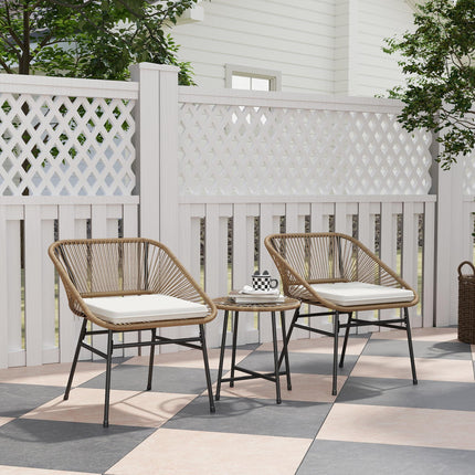 3 Pieces Rattan Bistro Set with Cushions and Glass Top Table for Outdoor Patio Balcony - Natural