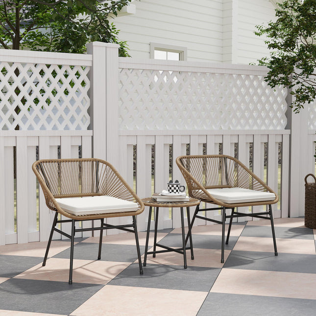 3 Pieces Rattan Bistro Set with Cushions and Glass Top Table for Outdoor Patio Balcony - Natural