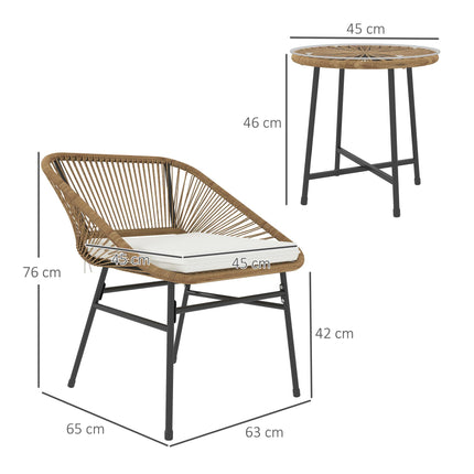 3 Pieces Rattan Bistro Set with Cushions and Glass Top Table for Outdoor Patio Balcony - Natural