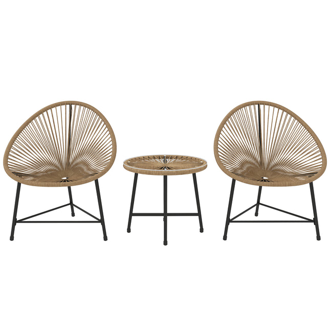 3 Pieces Rattan Bistro Set with Acapulco Chairs and Glass Top Table for Outdoor Patio Balcony - Natural