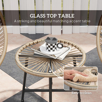 3 Pieces Rattan Bistro Set with Acapulco Chairs and Glass Top Table for Outdoor Patio Balcony - Natural