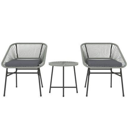 3 Piece Light Grey Rattan Bistro Set with Cushions and Glass Table