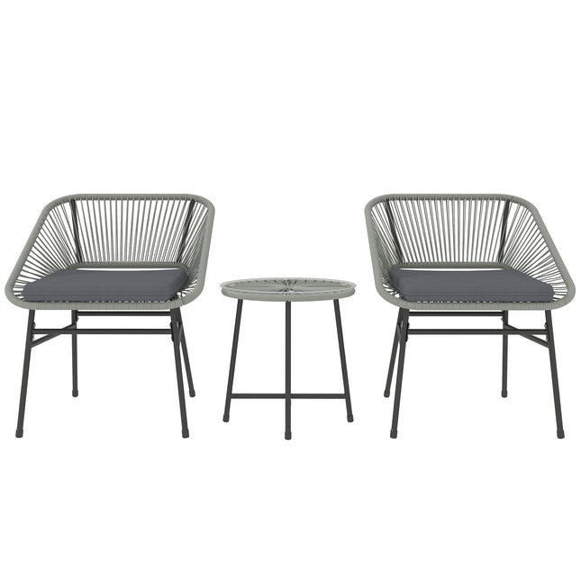 3 Piece Light Grey Rattan Bistro Set with Cushions and Glass Table