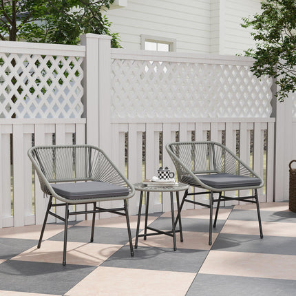 3 Piece Light Grey Rattan Bistro Set with Cushions and Glass Table