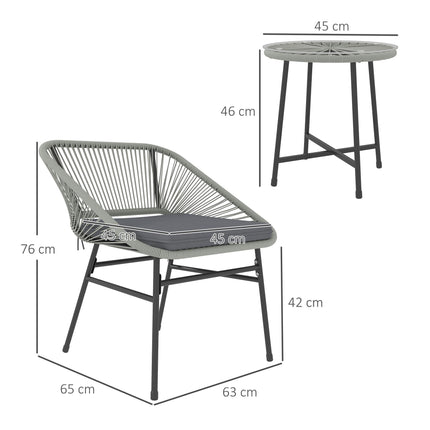 3 Piece Light Grey Rattan Bistro Set with Cushions and Glass Table