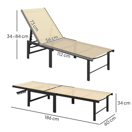 5-Level Adjustable Sun Lounger Chair with Texteline Seat and Steel Frame for Garden, Patio, Beach - Khaki