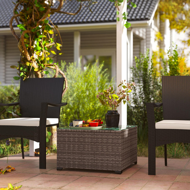 62cm Rattan Side Table with Tempered Glass Top - Black