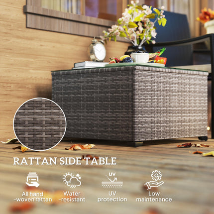 62cm Rattan Side Table with Tempered Glass Top - Black