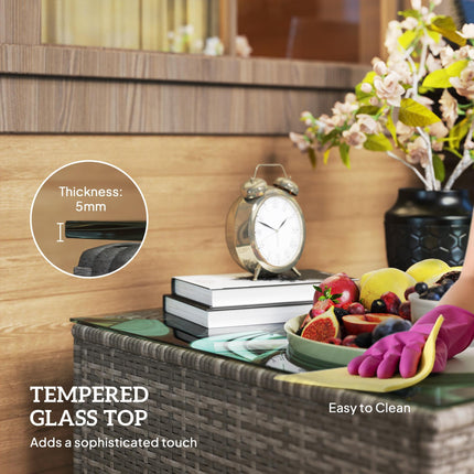 62cm Rattan Side Table with Tempered Glass Top - Black