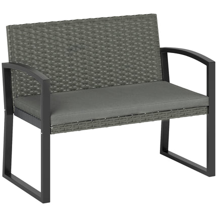 Two-Seater Rattan Garden Bench with Cushion - Grey/Black