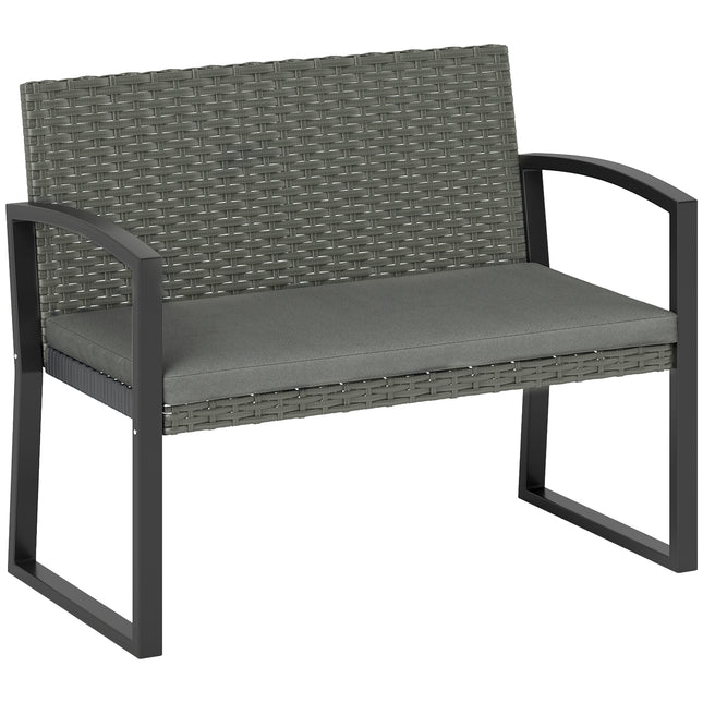 Two-Seater Rattan Garden Bench with Cushion - Grey/Black