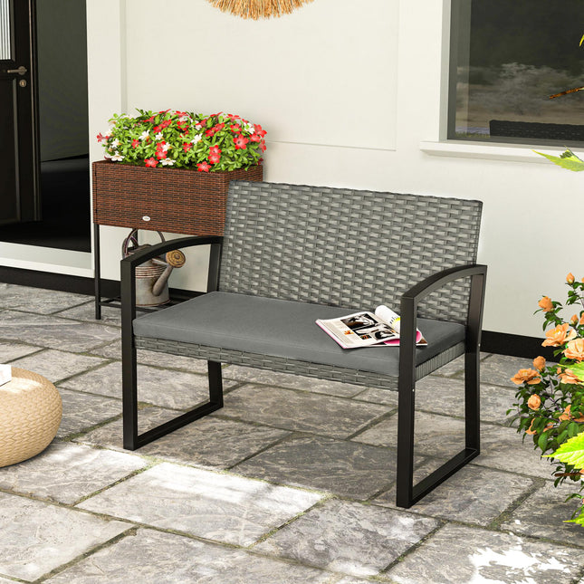 Two-Seater Rattan Garden Bench with Cushion - Grey/Black