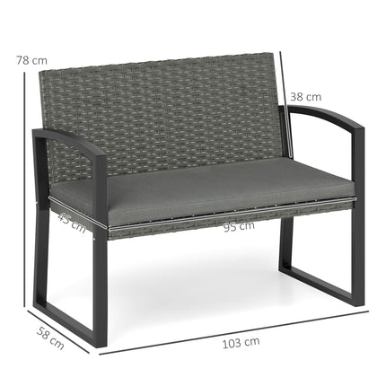 Two-Seater Rattan Garden Bench with Cushion - Grey/Black