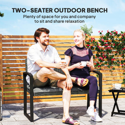 Two-Seater Rattan Garden Bench with Cushion - Grey/Black