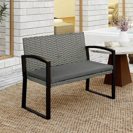 Two-Seater Rattan Garden Bench with Cushion - Grey/Black