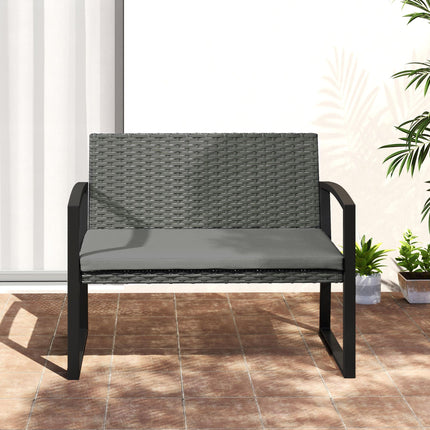 Two-Seater Rattan Garden Bench with Cushion - Grey/Black