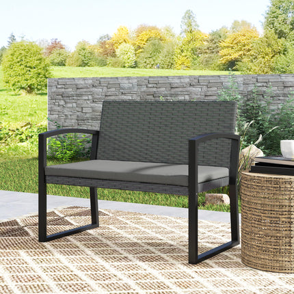 Two-Seater Rattan Garden Bench with Cushion - Grey/Black