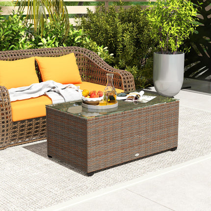 90 x 50cm Rattan Side Table with Tempered Glass Top - Brown