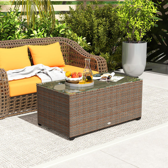 90 x 50cm Rattan Side Table with Tempered Glass Top - Brown