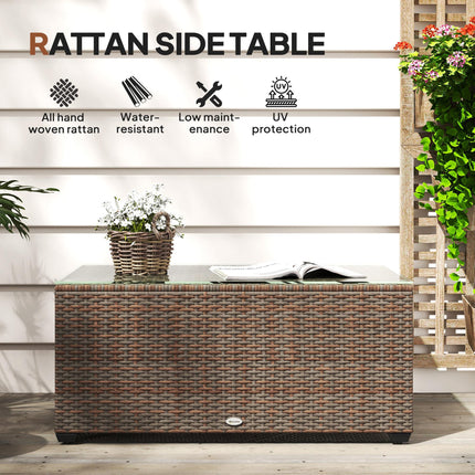 90 x 50cm Rattan Side Table with Tempered Glass Top - Brown