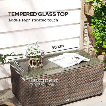 90 x 50cm Rattan Side Table with Tempered Glass Top - Brown