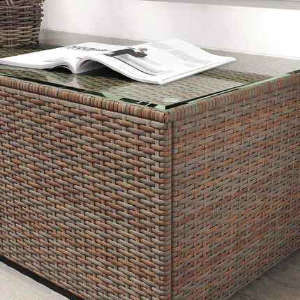 90 x 50cm Rattan Side Table with Tempered Glass Top - Brown