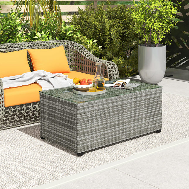 90 x 50cm Rattan Side Table with Glass Top - Light Grey