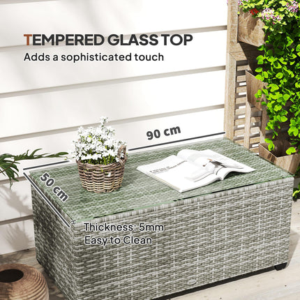 90 x 50cm Rattan Side Table with Glass Top - Light Grey