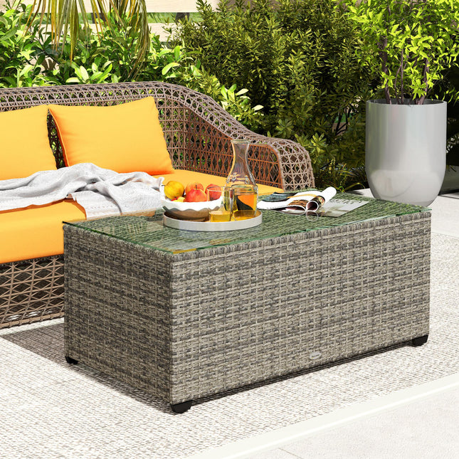 Rattan Side Table with Tempered Glass Top 90x50cm - Dark Grey