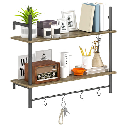 Wall Mounted Floating Shelves with 4 Hooks, Rustic Wall Shelf Unit for Living Ro