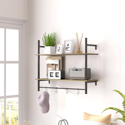 Wall Mounted Floating Shelves with 4 Hooks, Rustic Wall Shelf Unit for Living Ro
