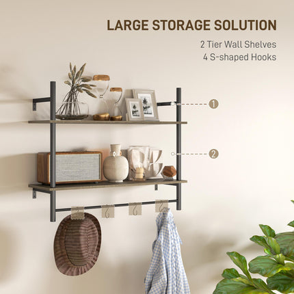 Wall Mounted Floating Shelves with 4 Hooks, Rustic Wall Shelf Unit for Living Ro