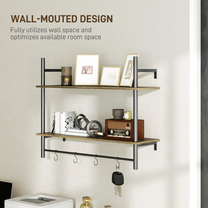 Wall Mounted Floating Shelves with 4 Hooks, Rustic Wall Shelf Unit for Living Ro
