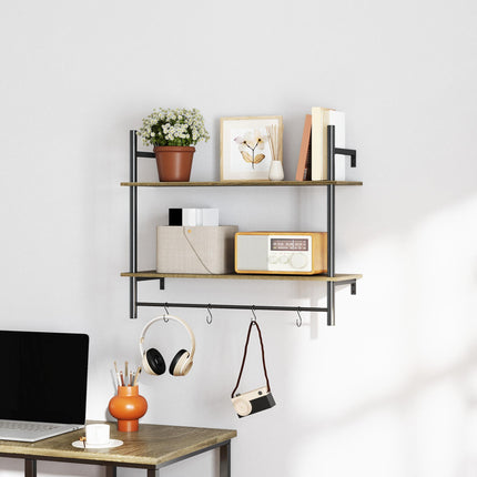 Wall Mounted Floating Shelves with 4 Hooks, Rustic Wall Shelf Unit for Living Ro