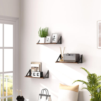 Set of 3 Vintage Wall Mounted Floating Shelves for Living Room, Entryway, Bedroom - Rustic Brown