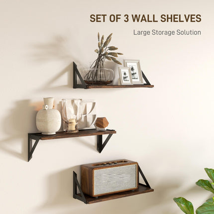 Set of 3 Vintage Wall Mounted Floating Shelves for Living Room, Entryway, Bedroom - Rustic Brown