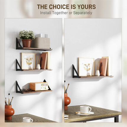 Set of 3 Vintage Wall Mounted Floating Shelves for Living Room, Entryway, Bedroom - Rustic Brown