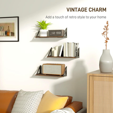 Set of 3 Vintage Wall Mounted Floating Shelves for Living Room, Entryway, Bedroom - Rustic Brown