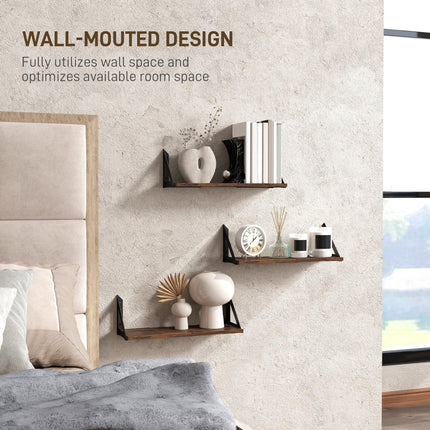 Set of 3 Vintage Wall Mounted Floating Shelves for Living Room, Entryway, Bedroom - Rustic Brown