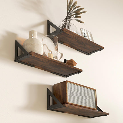 Set of 3 Vintage Wall Mounted Floating Shelves for Living Room, Entryway, Bedroom - Rustic Brown