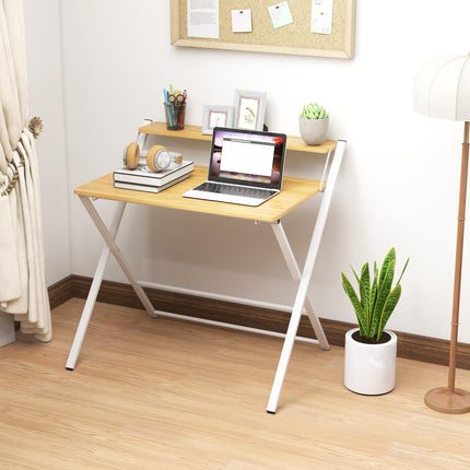 Compact Folding 2-Tier Computer Desk with Storage Shelf 86x66x82 cm - Maple Wood-effect