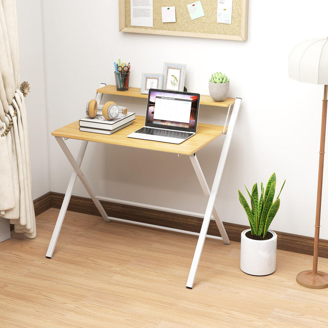 Compact Folding 2-Tier Computer Desk with Storage Shelf 86x66x82 cm - Maple Wood-effect