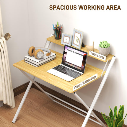 Compact Folding 2-Tier Computer Desk with Storage Shelf 86x66x82 cm - Maple Wood-effect