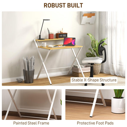 Compact Folding 2-Tier Computer Desk with Storage Shelf 86x66x82 cm - Maple Wood-effect