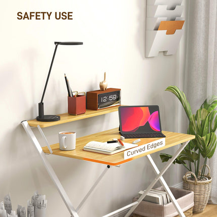 Compact Folding 2-Tier Computer Desk with Storage Shelf 86x66x82 cm - Maple Wood-effect