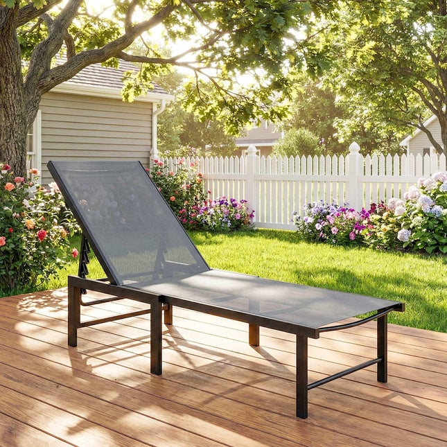 5-Level Adjustable Garden Sun Lounger Chair with Texteline Seat and Steel Frame - Grey