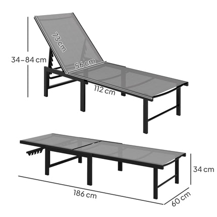 5-Level Adjustable Garden Sun Lounger Chair with Texteline Seat and Steel Frame - Grey