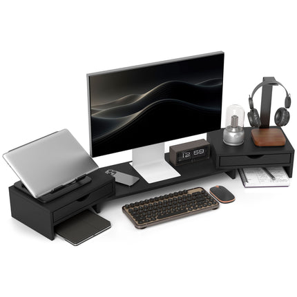 Dual Monitor Stand Riser with 2 Drawers, Adjustable 60-116cm Length and Angle for Laptop, PC, Printer - Black